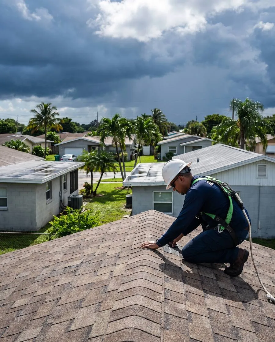 Roofer in hard hat and harness inspecting a shingle roof in a residential area under a cloudy sky.