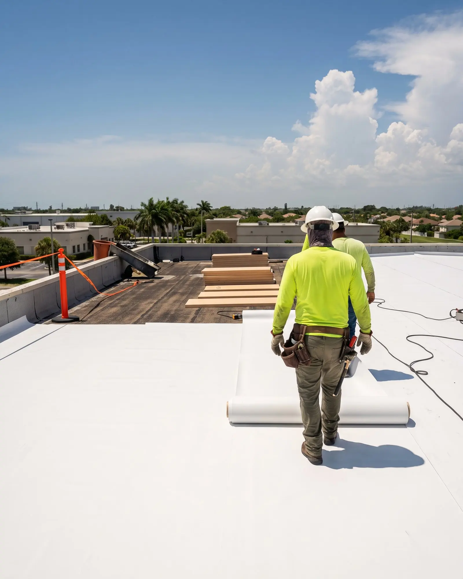 Two roofers in hard hats walk across a white flat roof with rolls of material during construction.