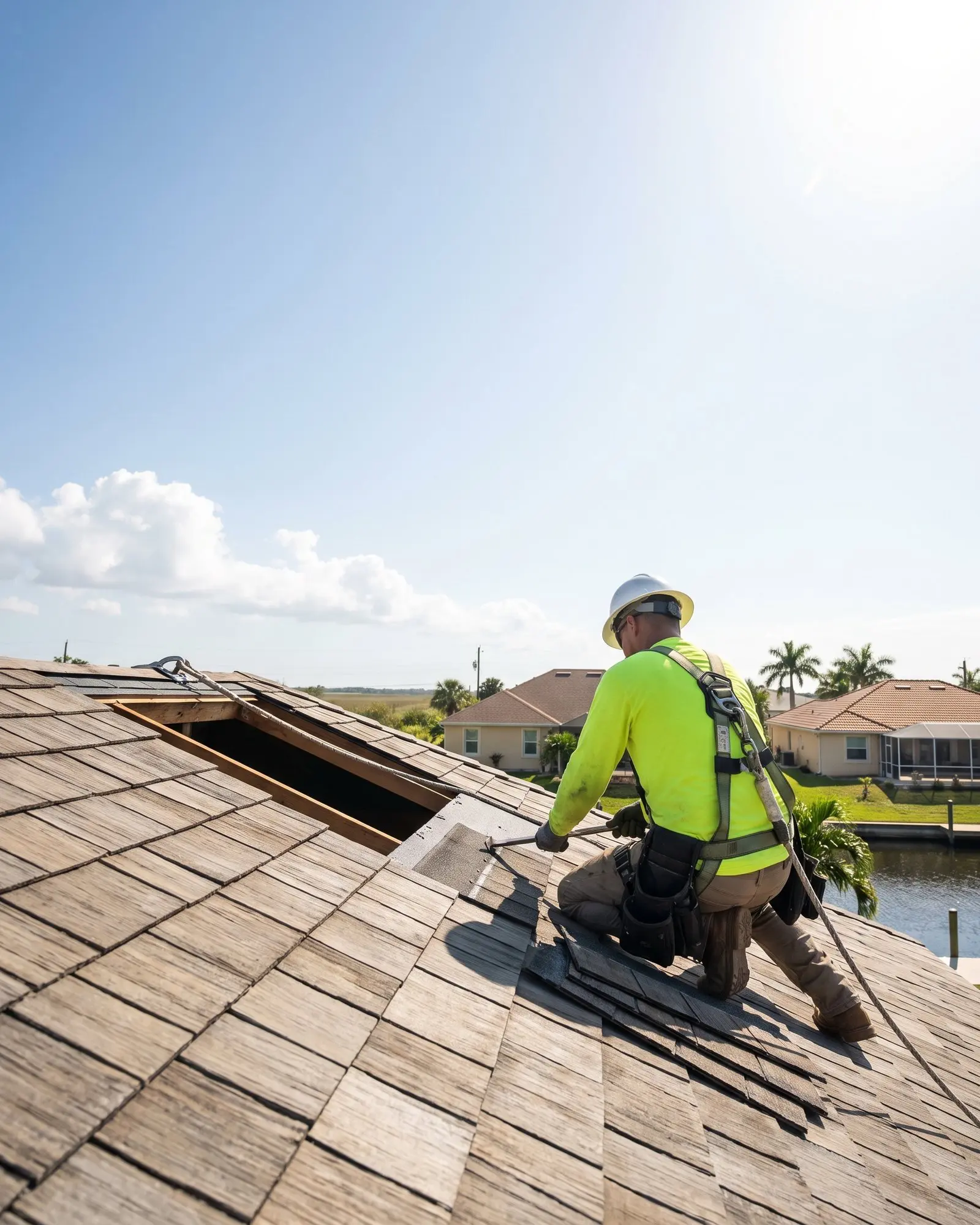 Roofer inspecting shingles after a storm