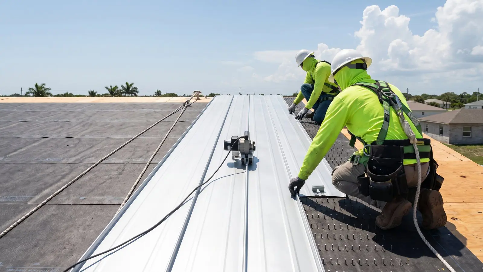Standing-seam metal roof installation in progress