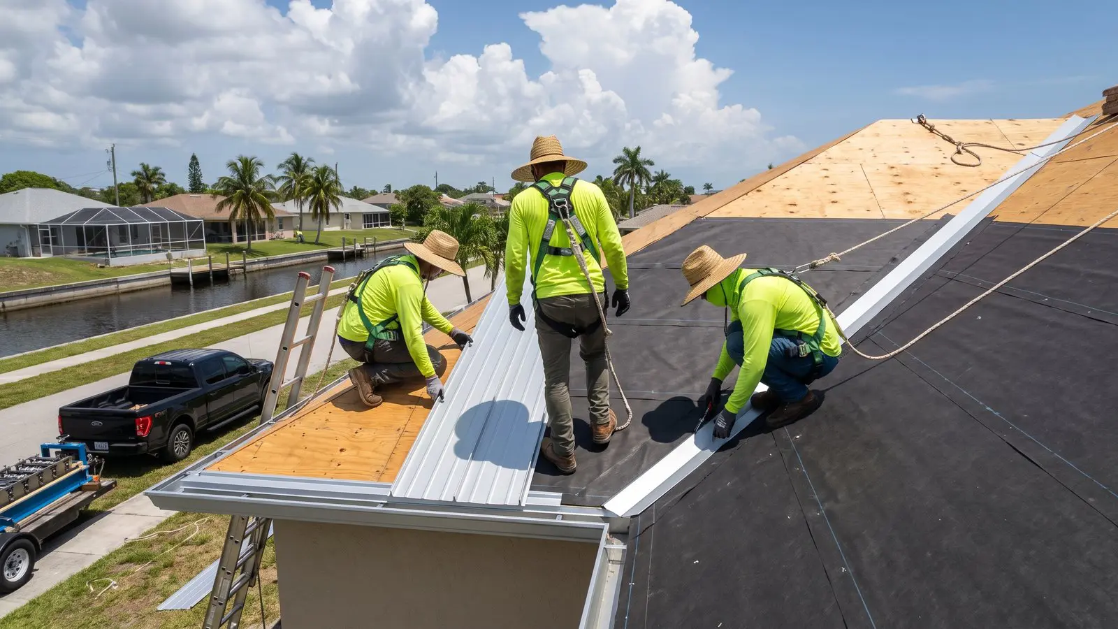 Completed standing-seam metal roof on a South Florida home