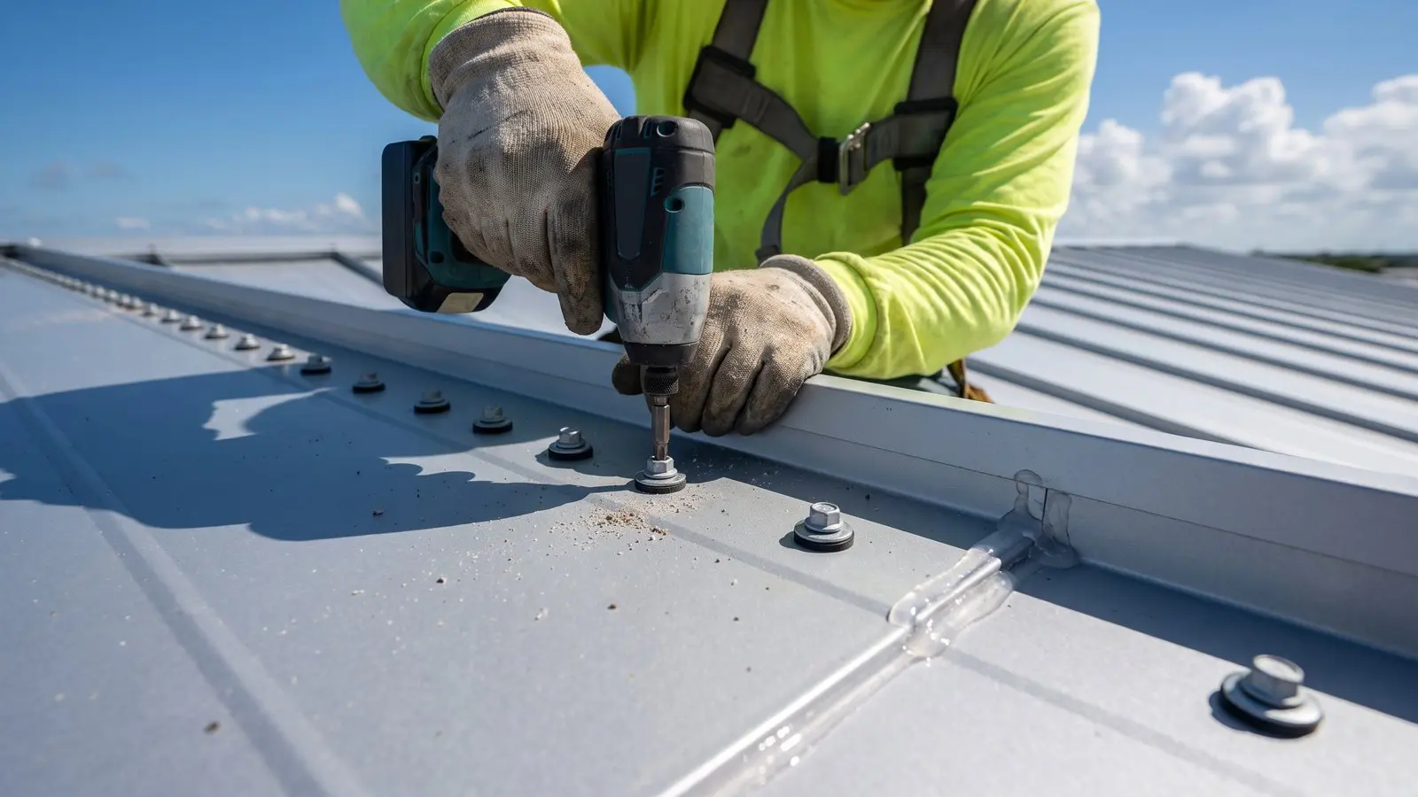 Crew repairing standing-seam metal roof panels
