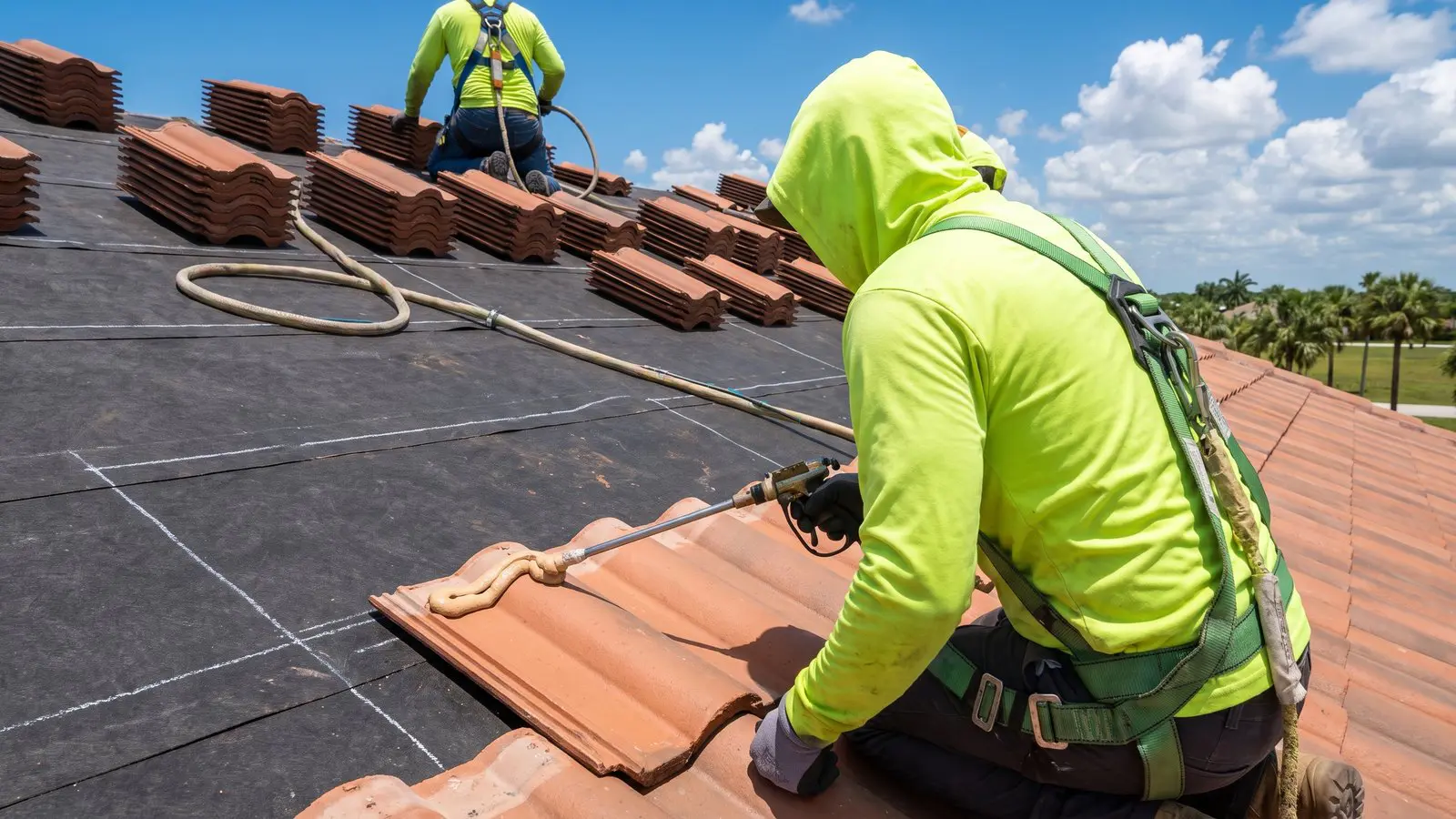 Aerial view of a finished tile roof installation
