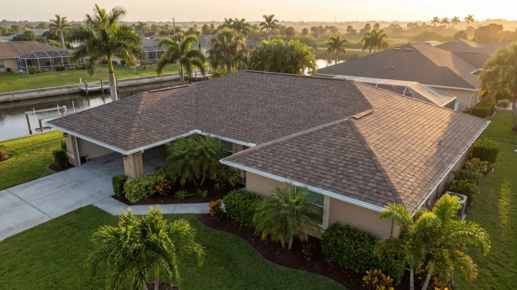 Aerial view of a single-story home with a brown shingle roof, lush landscaping, and tropical Florida setting.